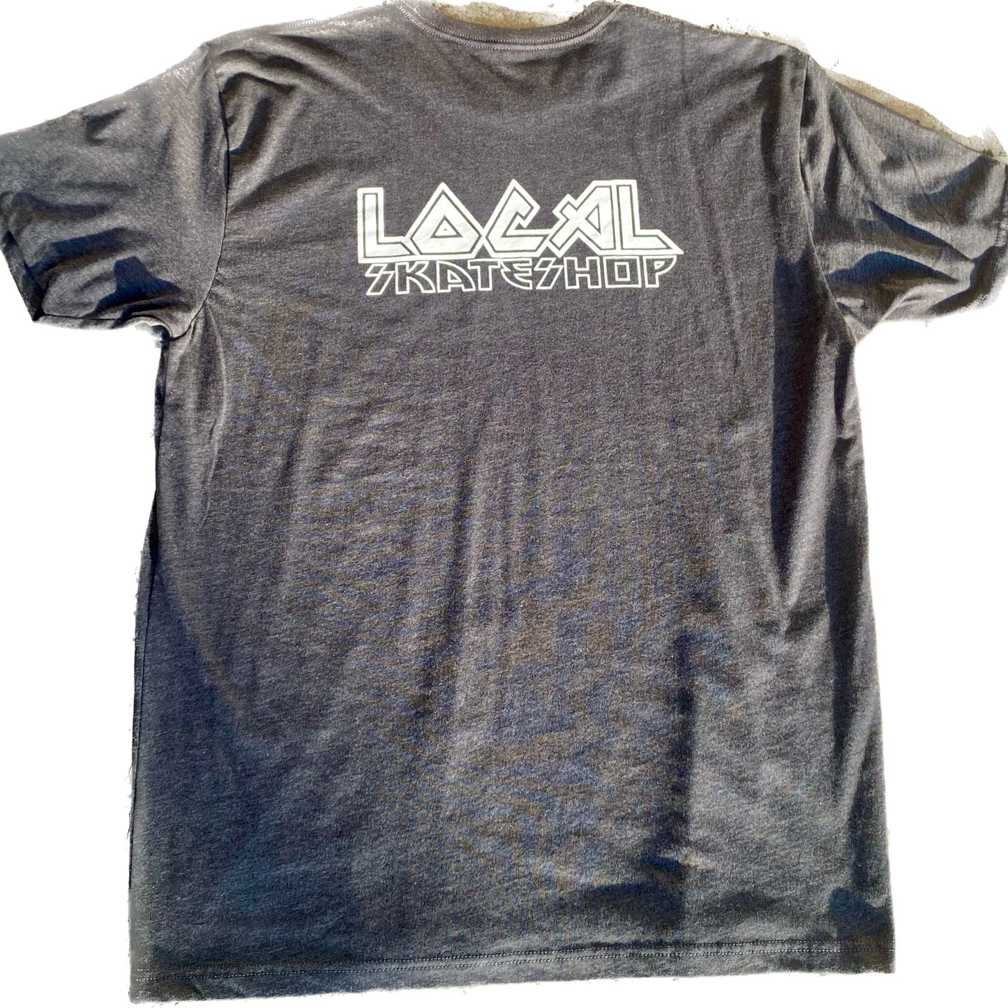 local skate shop metal logo tee.white print on black tee.front and back print.