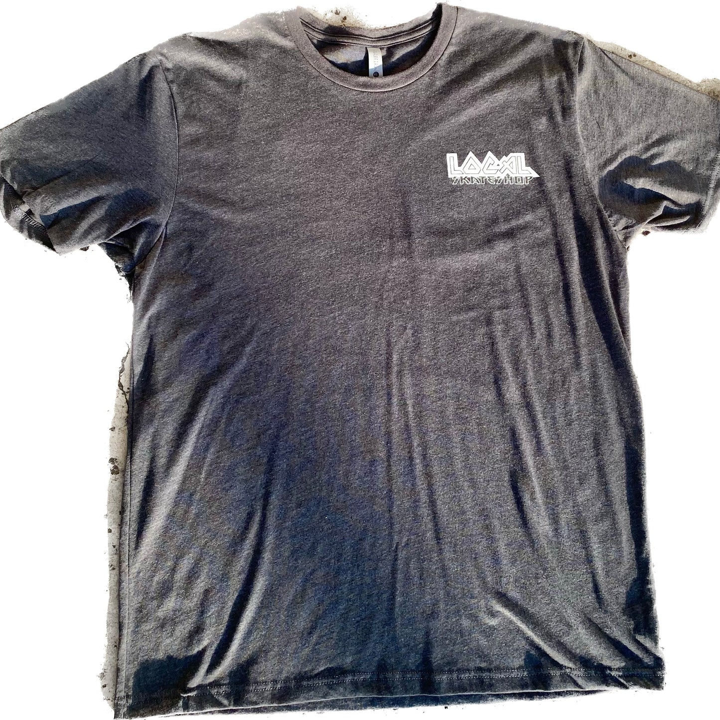 local skate shop metal logo tee.white print on black tee.front and back print.